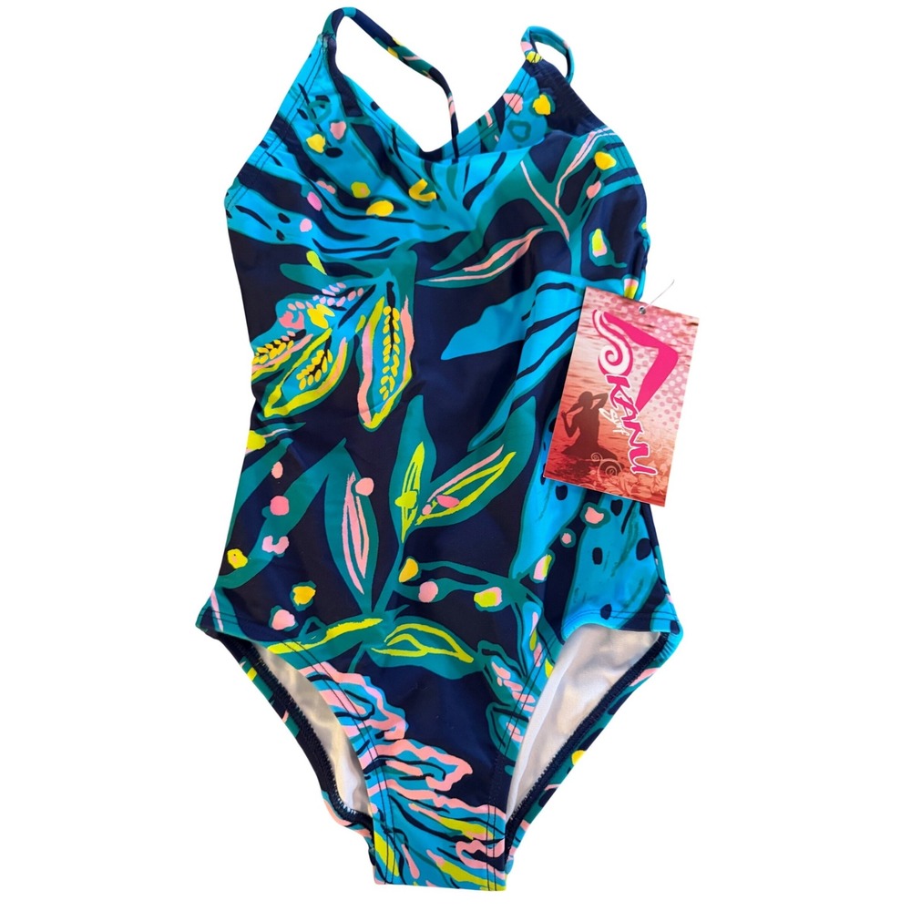 Kanu Surf Girls Tammy Navy Blue Tropical Leaf Print One Piece Swimsuit Size 4T